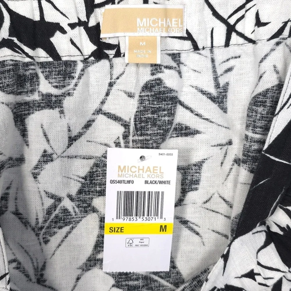 MICHAEL KORS Womens New Set Tank Top Shorts MEDIUM Black White Linen QS540TLHF0